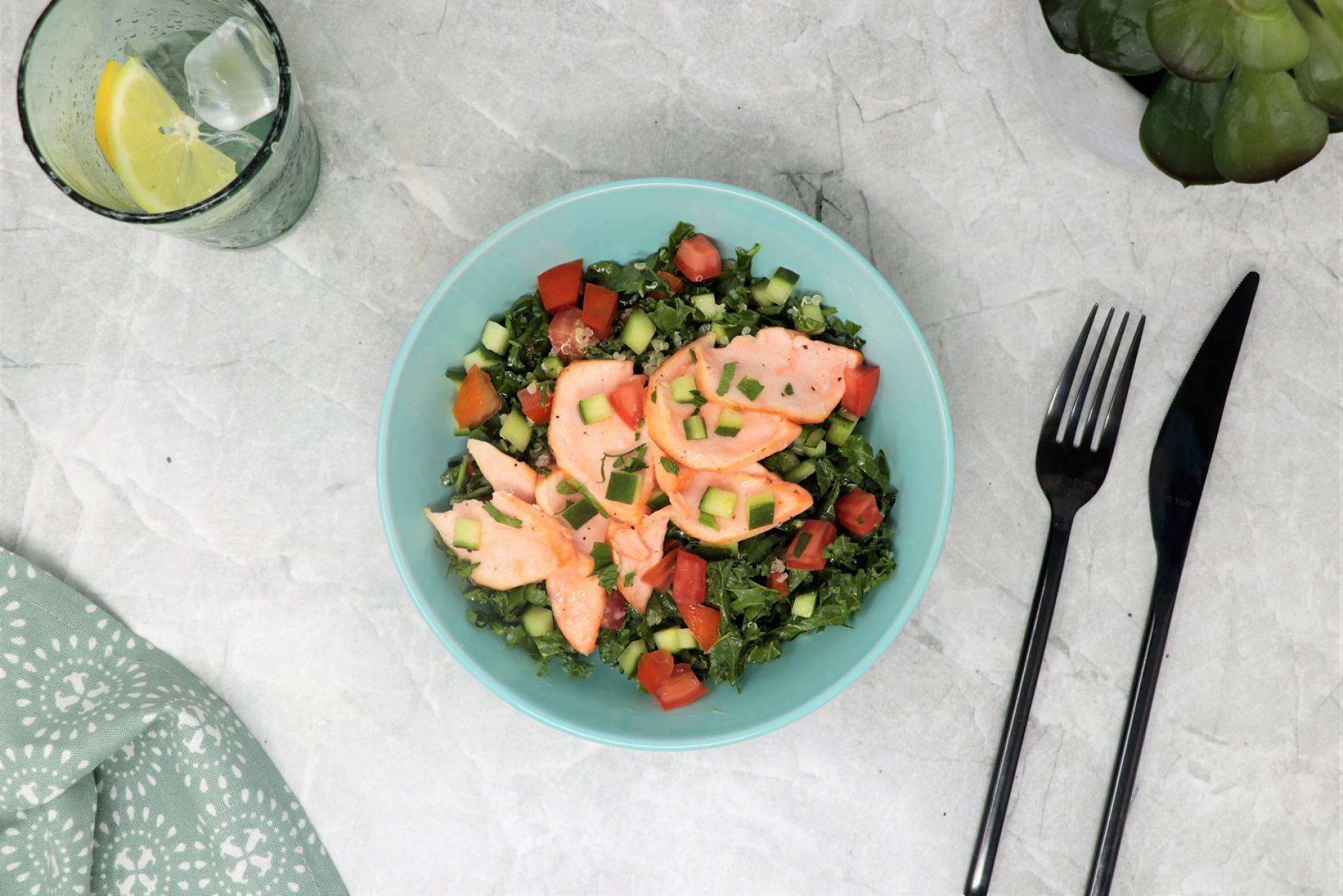 Crumbled Salmon with Keto Kale Tabbouleh