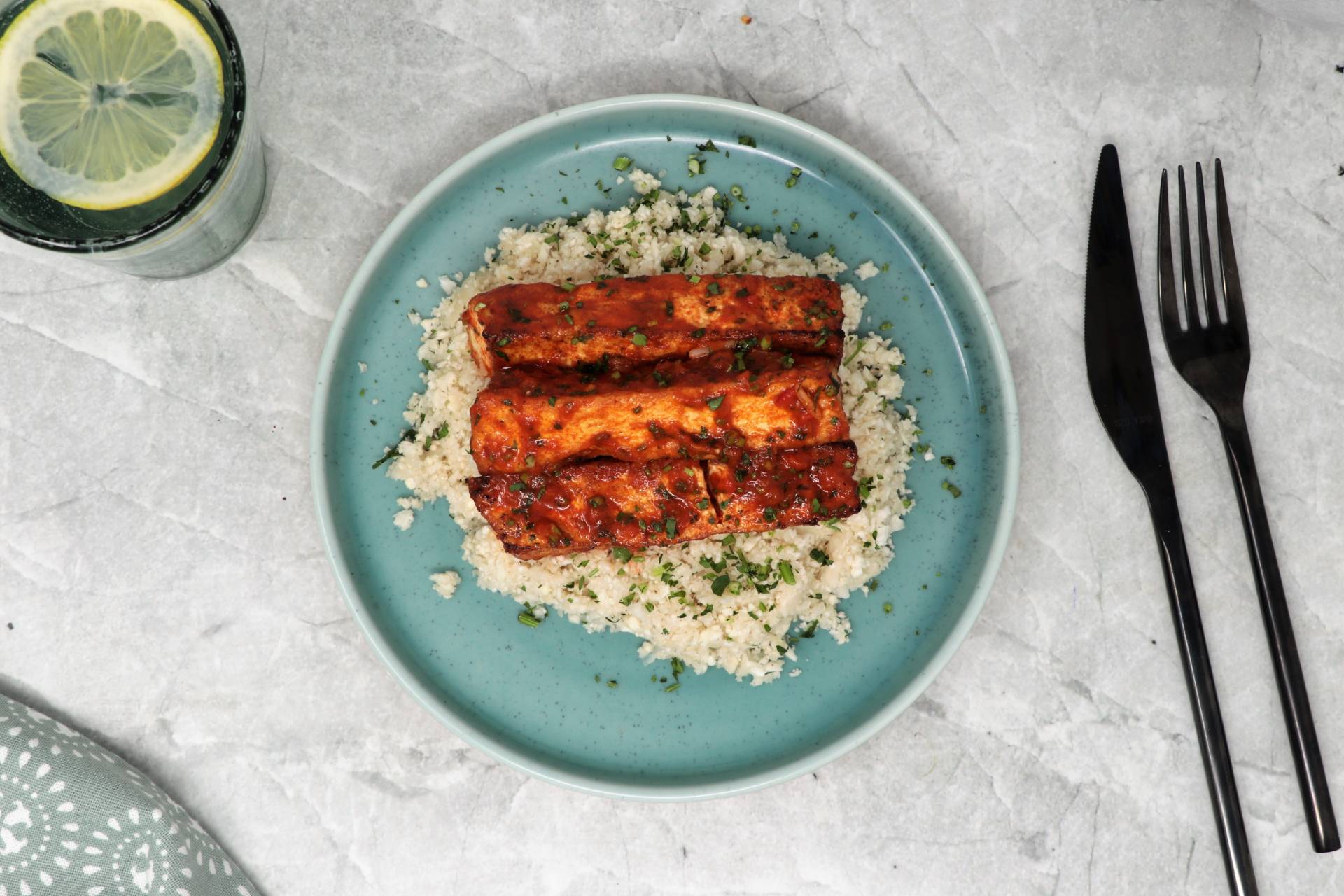 Harissa tofu skewers with cauliflower pilaf