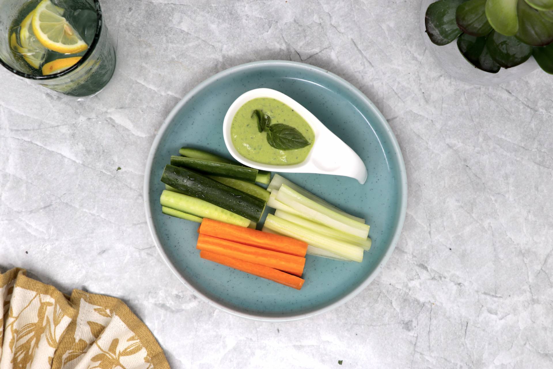 Basil Hummus with Carrot, Cucumber and Celery Sticks