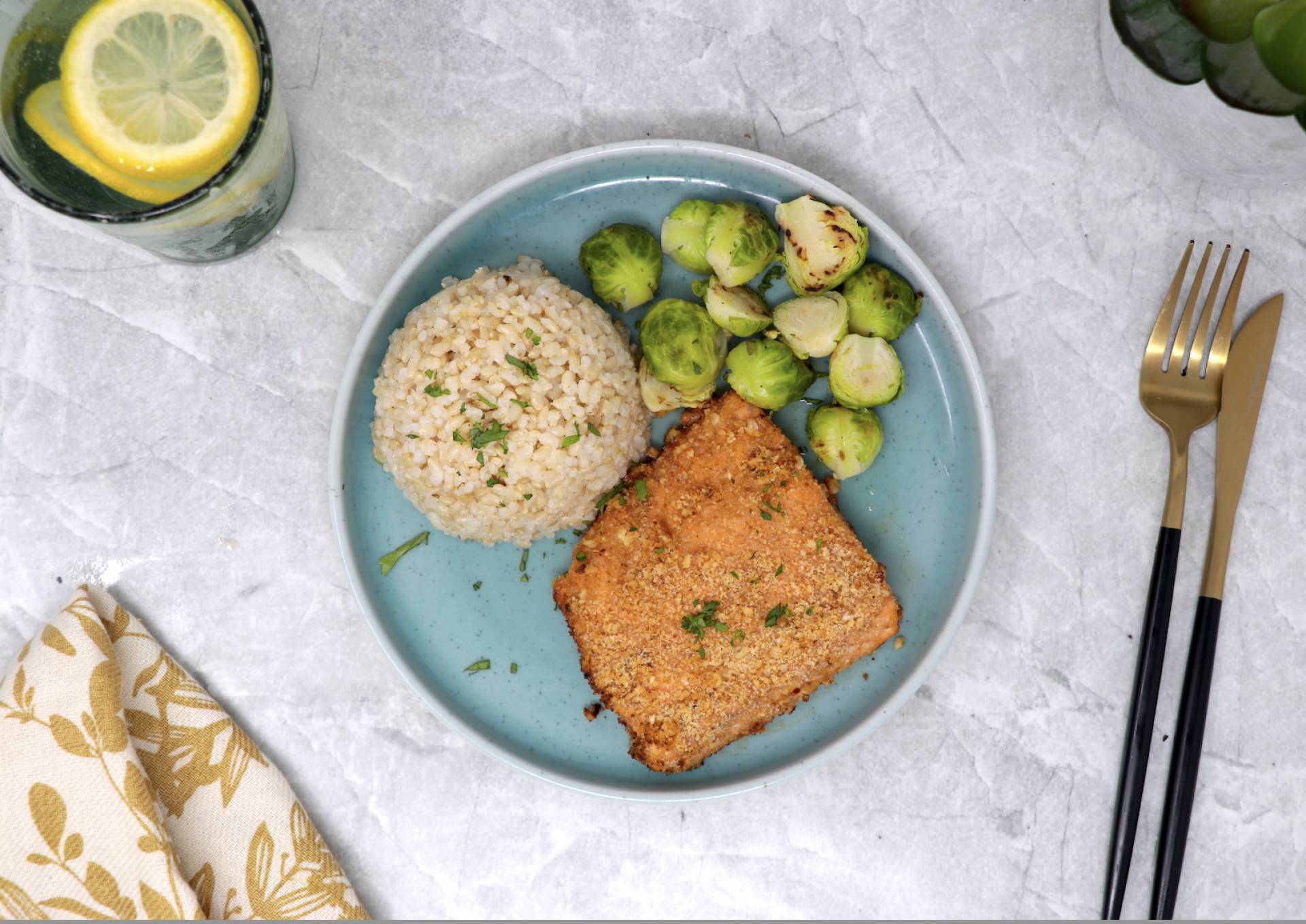 Walnut Rosemary Crusted Salmon with Brown Rice and Brussel Sprouts