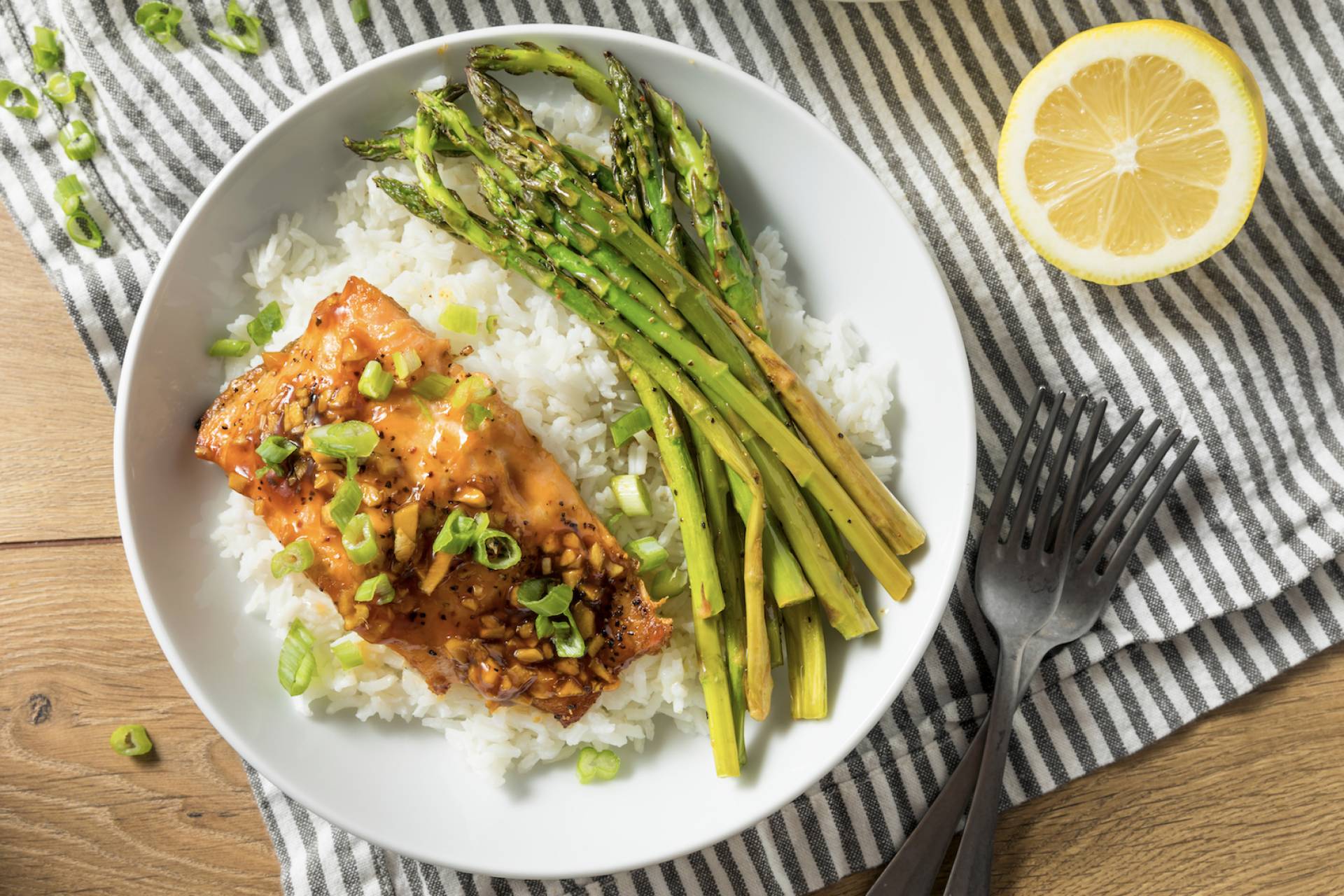 Baked Salmon with White Rice and Asparagus